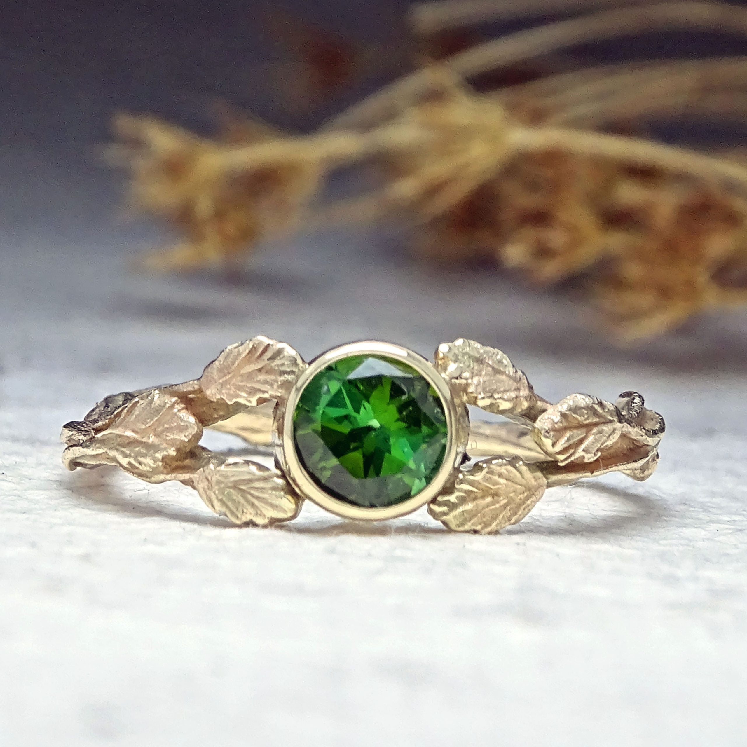 Entwining Leaves Ring, 5mm Green Tourmaline, 9ct Gold