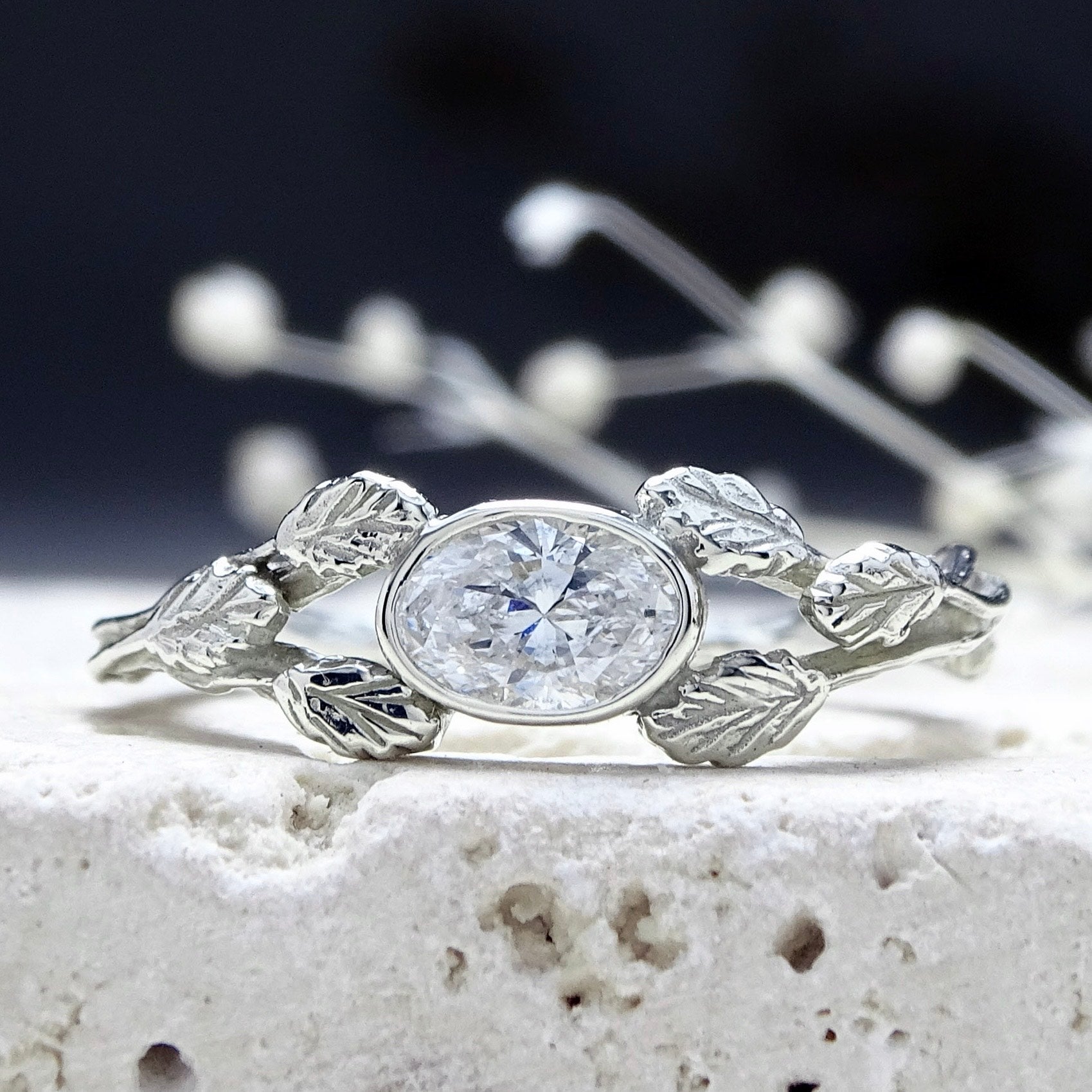 Entwining Leaves ring, 6mm x 4mm lab grown Diamond, 9ct white gold