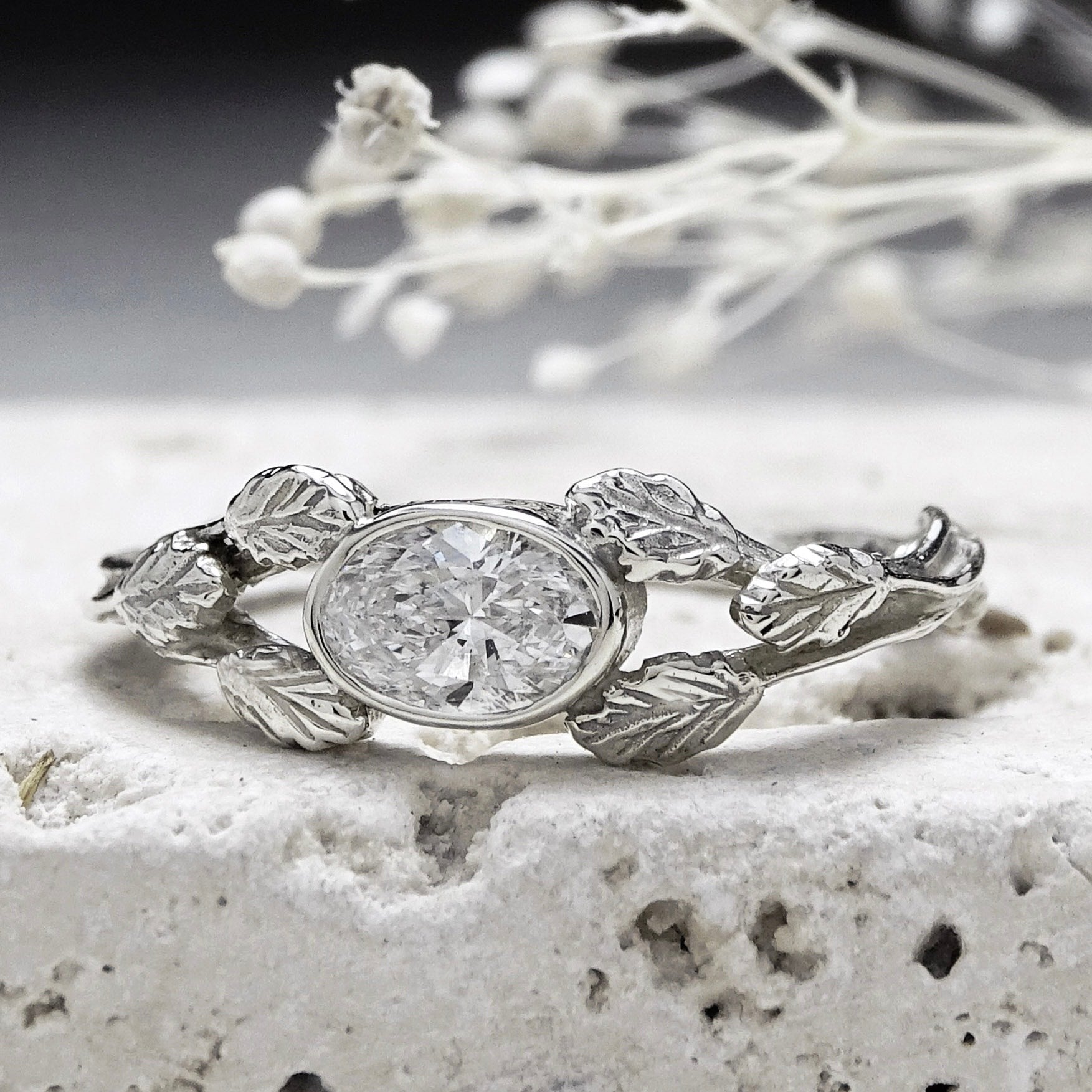 Entwining Leaves ring, 6mm x 4mm lab grown Diamond, 9ct white gold