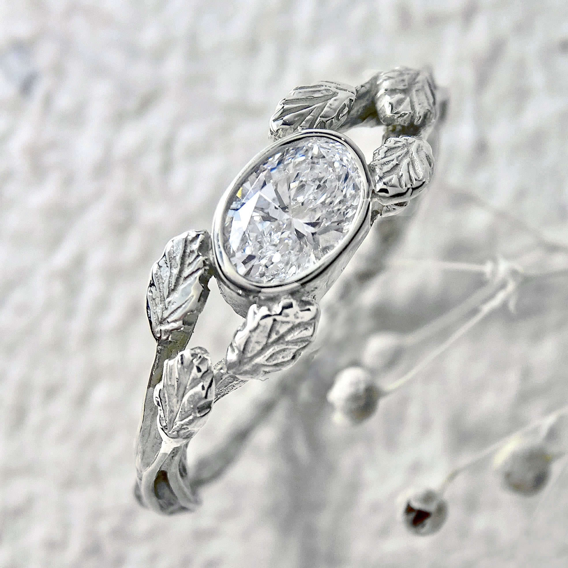 Entwining Leaves ring, 6mm x 4mm lab grown Diamond, 9ct white gold