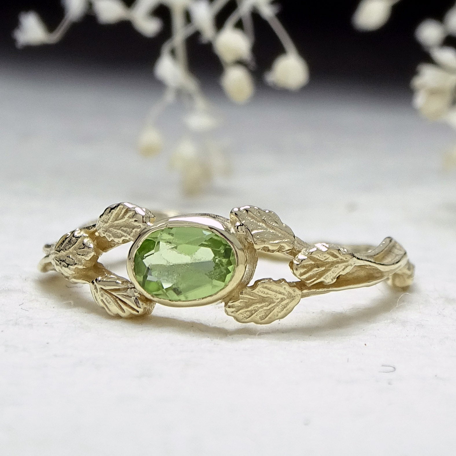 Entwining Leaves ring, Peridot, 6mm x 4mm, 9ct gold