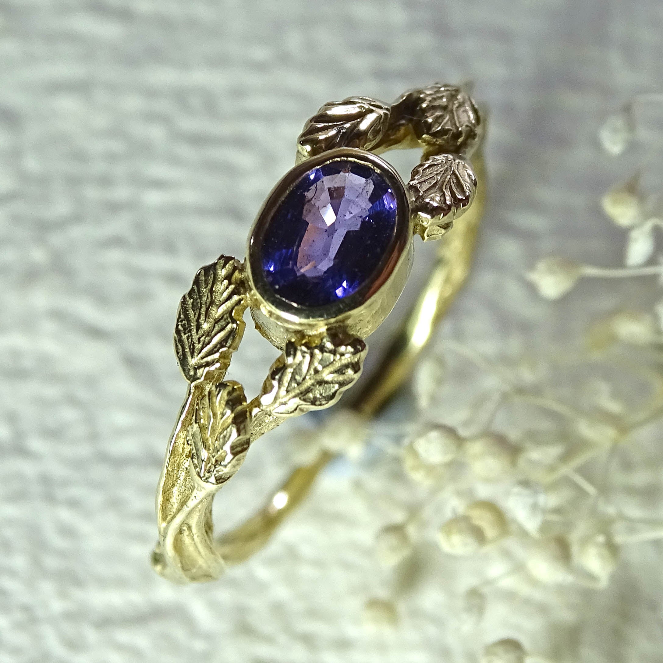 Entwining Leaves ring, Purple Sapphire 6mm x 4mm, 9ct gold