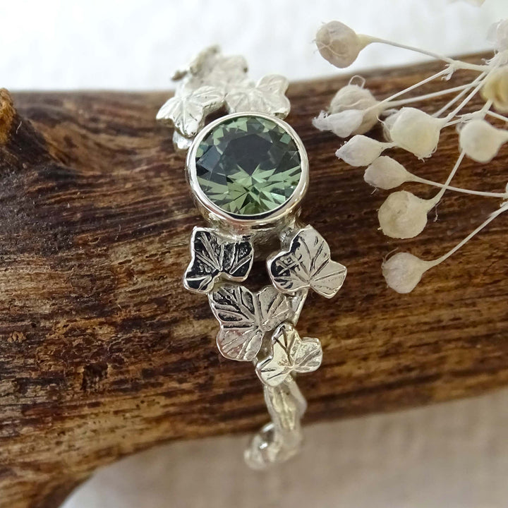 Entwining Ivy Leaves ring, 9ct white gold, 5mm Green Sapphire