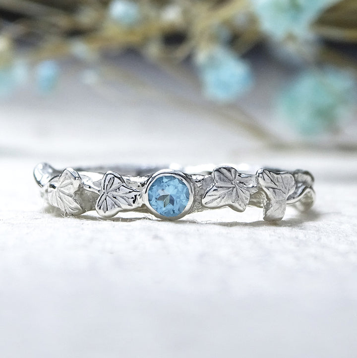 Entwining Ivy Leaves ring, 2.5mm Swiss Blue Topaz, silver