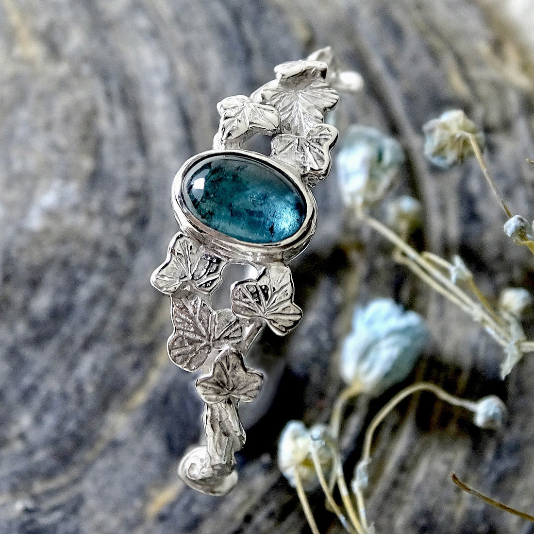 Entwining Ivy Leaves, Sterling Silver, 6mm x 4mm Blue Tourmaline cabochon