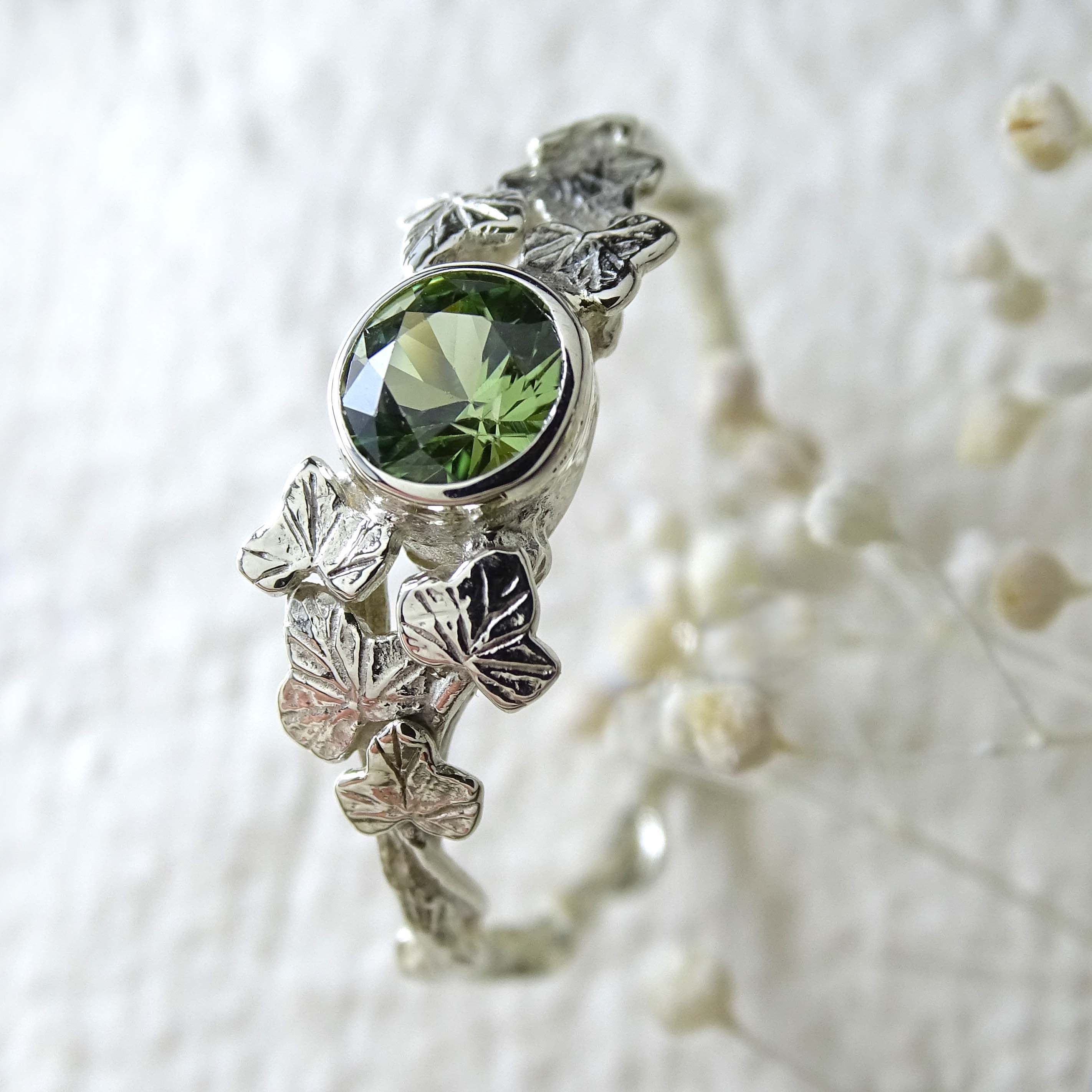 Entwining Ivy Leaves ring, 9ct white gold, 5mm Green Sapphire