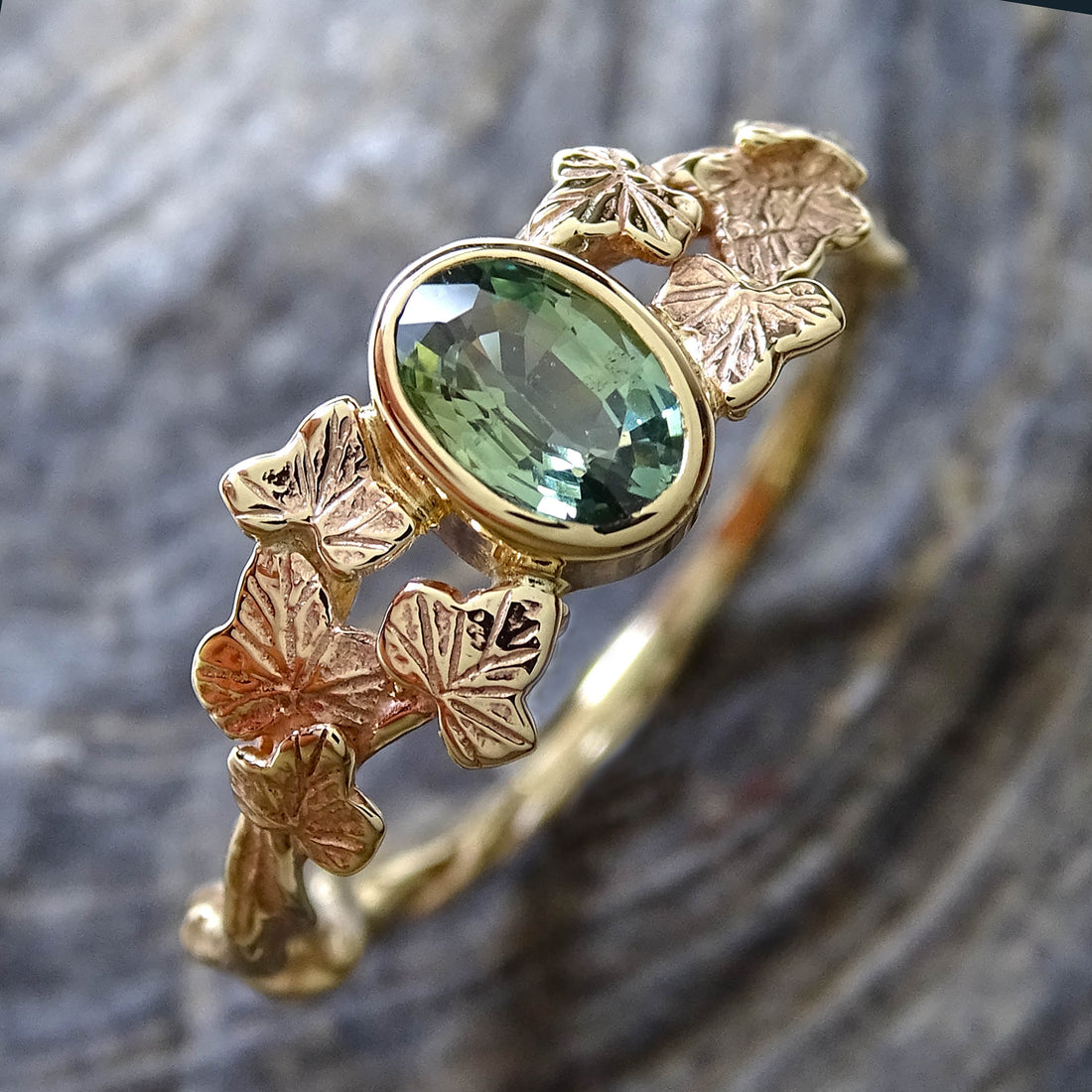 Entwining Ivy Leaves ring, 9ct yellow gold, 6mm x 4mm Green Sapphire