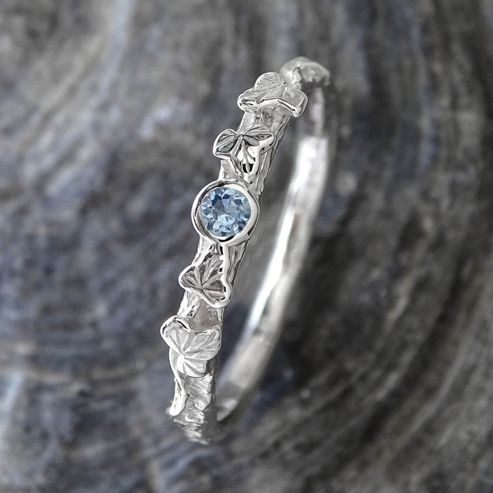 Entwining Ivy Leaves ring, Sterling Silver, 2.50mm Aquamarine