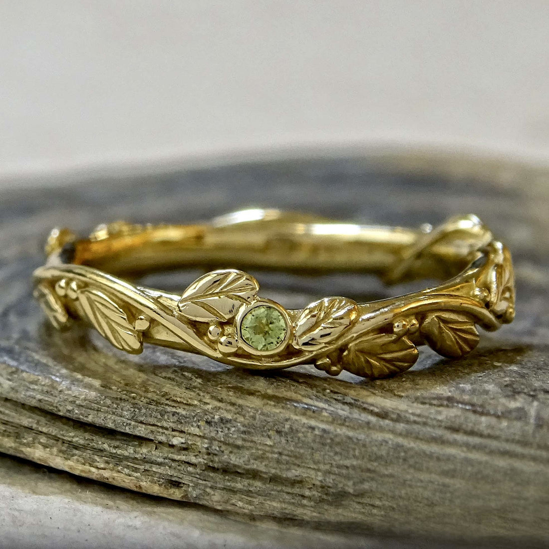 Entwining Leaves ring, 1.90mm Peridot, 9ct yellow gold
