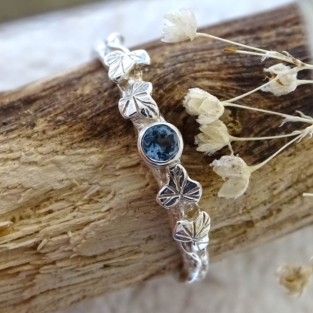 Entwining Ivy Leaves ring, sterling silver, 2.5mm London Blue Topaz