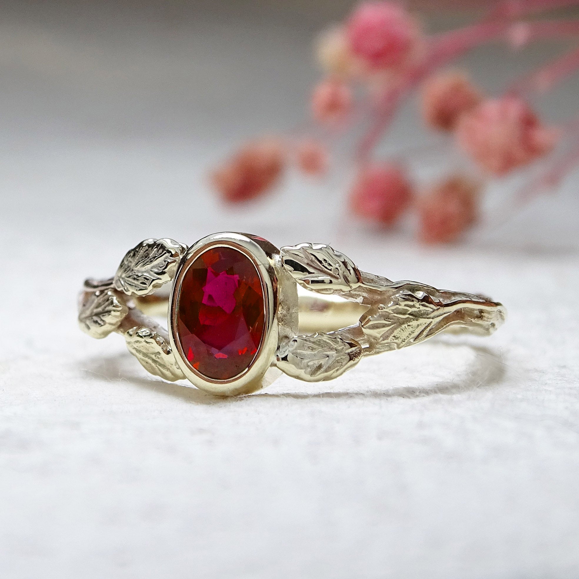 Entwining Leaves ring, 6mm x 4mm Ruby, 9ct yellow gold