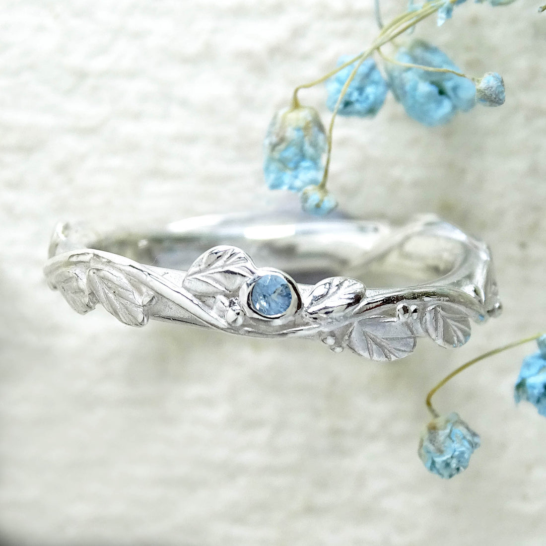 Entwining Leaves Ring, 1.75mm Aquamarine, Silver