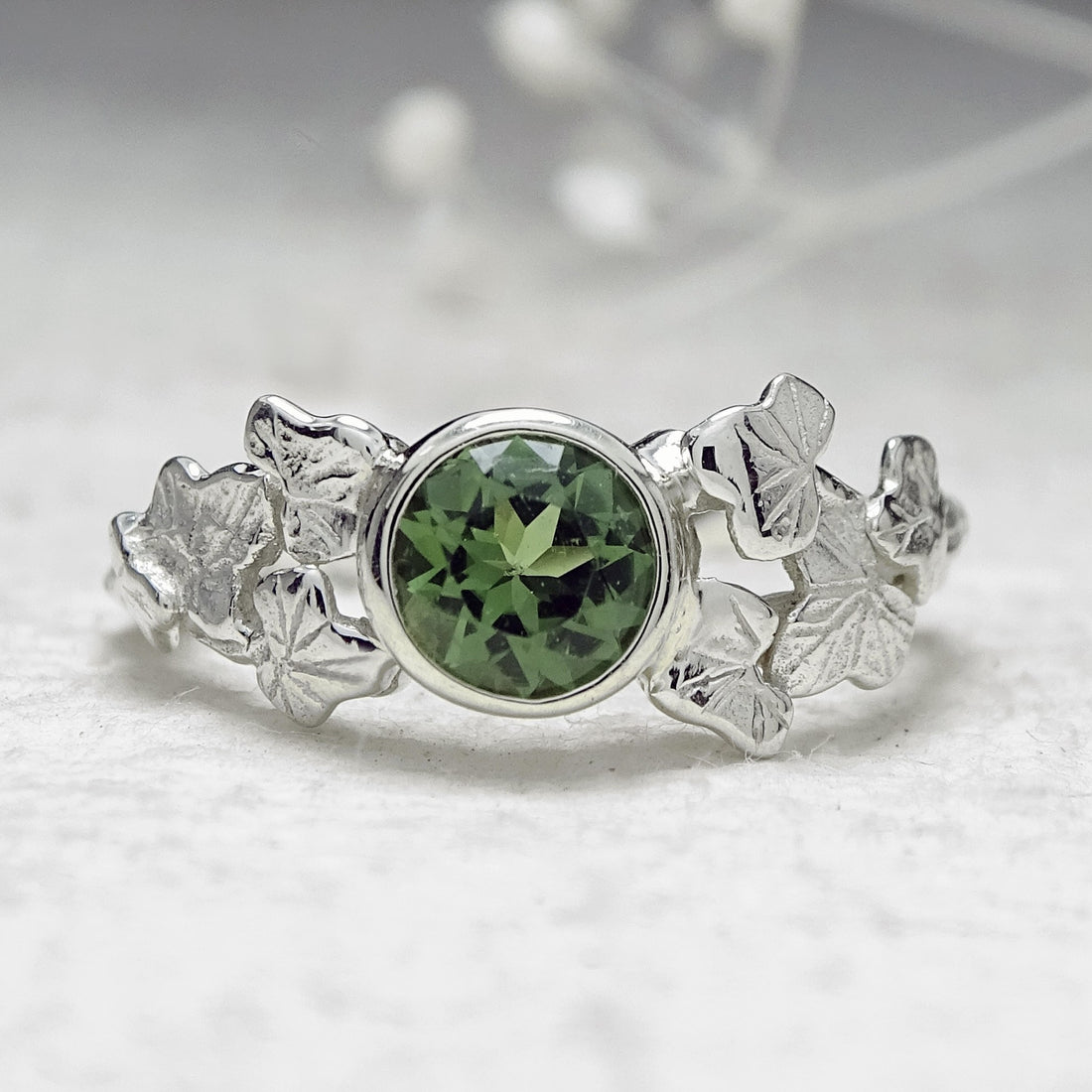 Entwining Ivy Leaves ring, 5mm Green Tourmaline, 9ct white gold