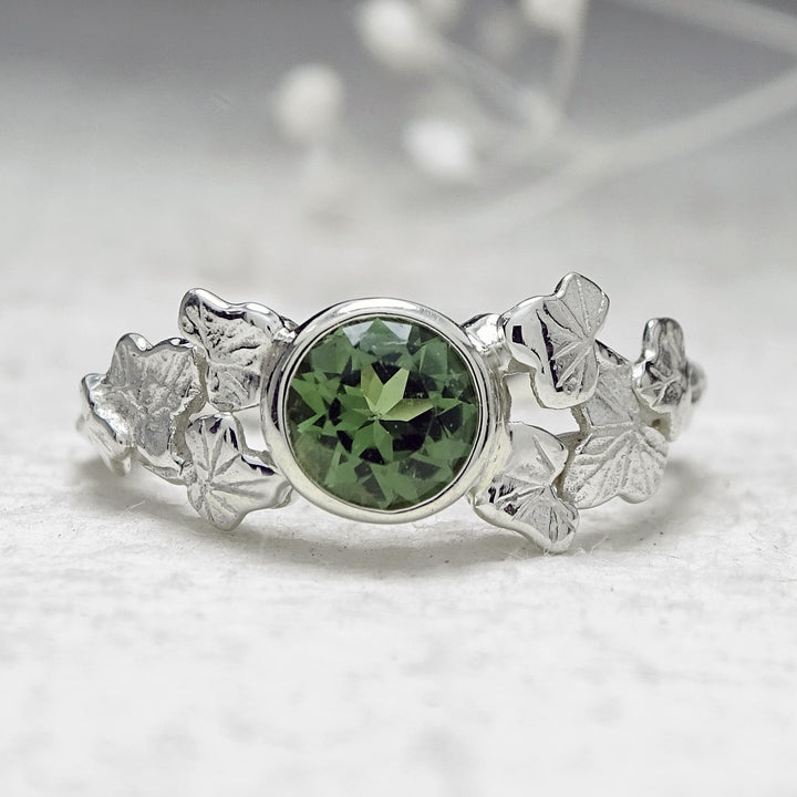 Entwining Ivy Leaves ring, 5mm Green Tourmaline, 9ct white gold