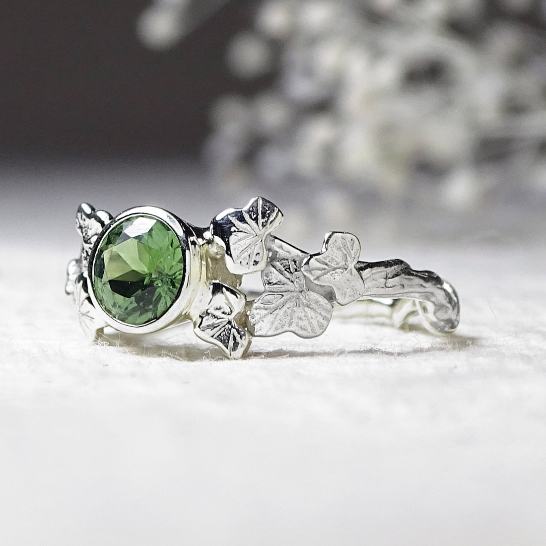 Entwining Ivy Leaves ring, 5mm Green Tourmaline, 9ct white gold