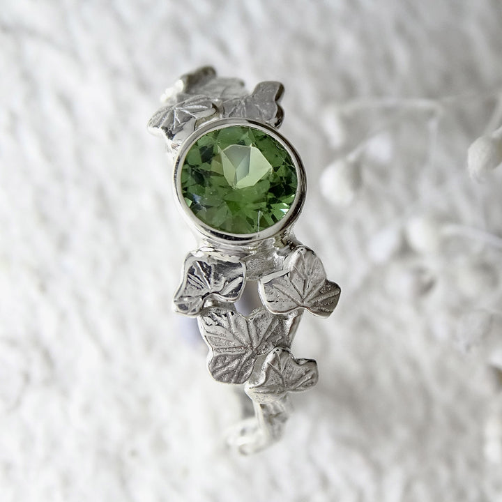Entwining Ivy Leaves ring, 5mm Green Tourmaline, 9ct white gold