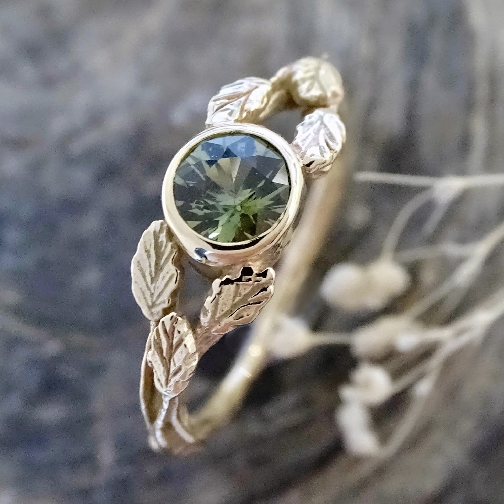 Entwining Leaves ring, 5mm Green Sapphire, 9ct yellow gold
