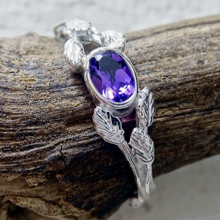 Entwining Leaves Ring, 6mm x 4mm Amethyst, Silver