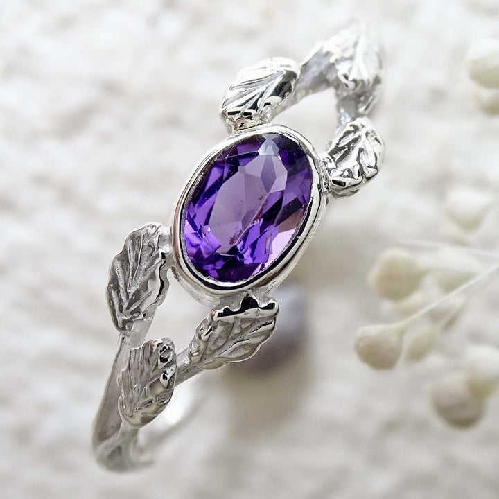 Entwining Leaves Ring, 6mm x 4mm Amethyst, Silver
