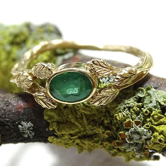 Entwining Leaves Ring, 6mm x 4mm Emerald, 9ct Gold