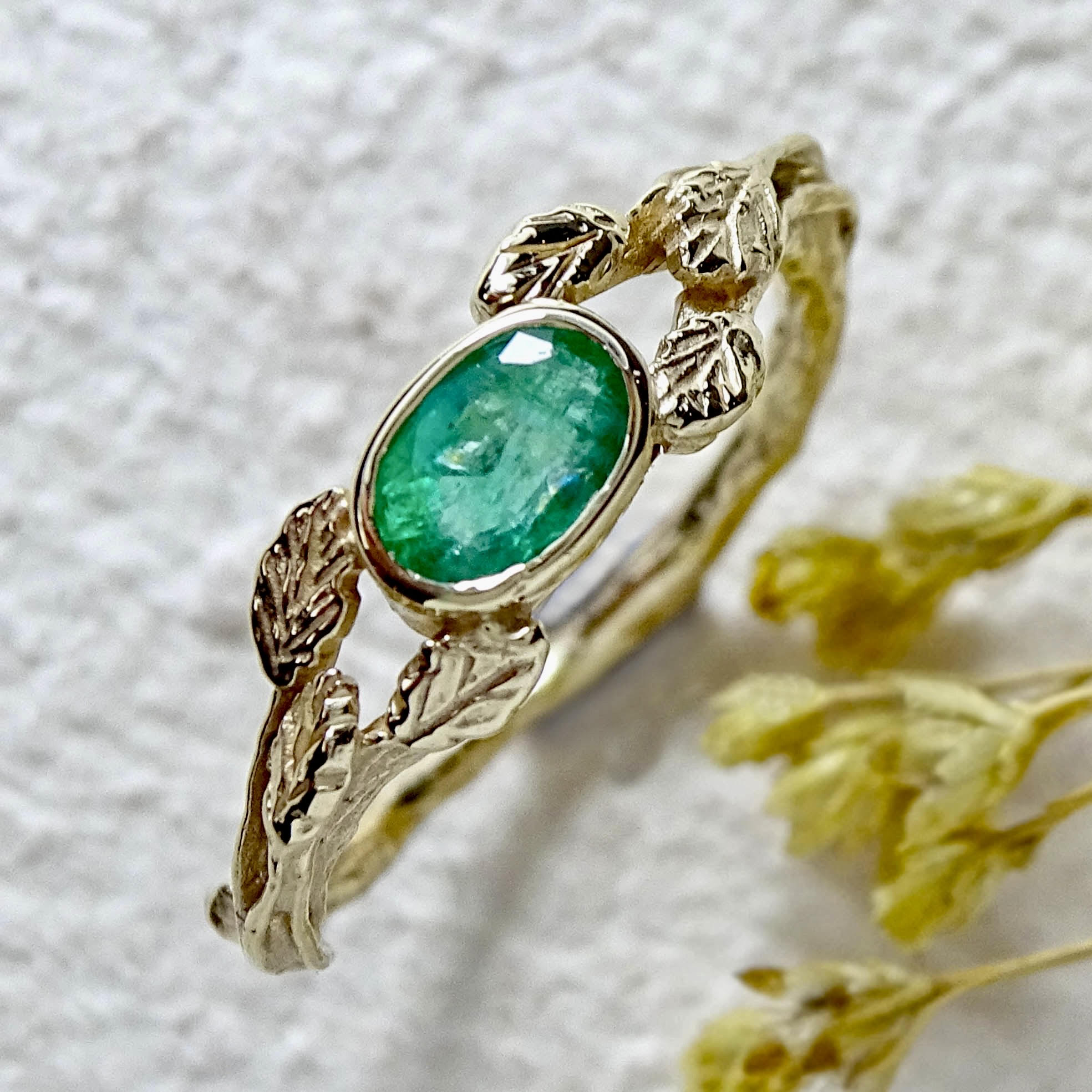 Entwining Leaves Ring, 6mm x 4mm Emerald, 9ct Gold