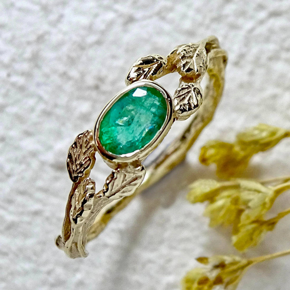 Entwining Leaves Ring, 6mm x 4mm Emerald, 9ct Gold