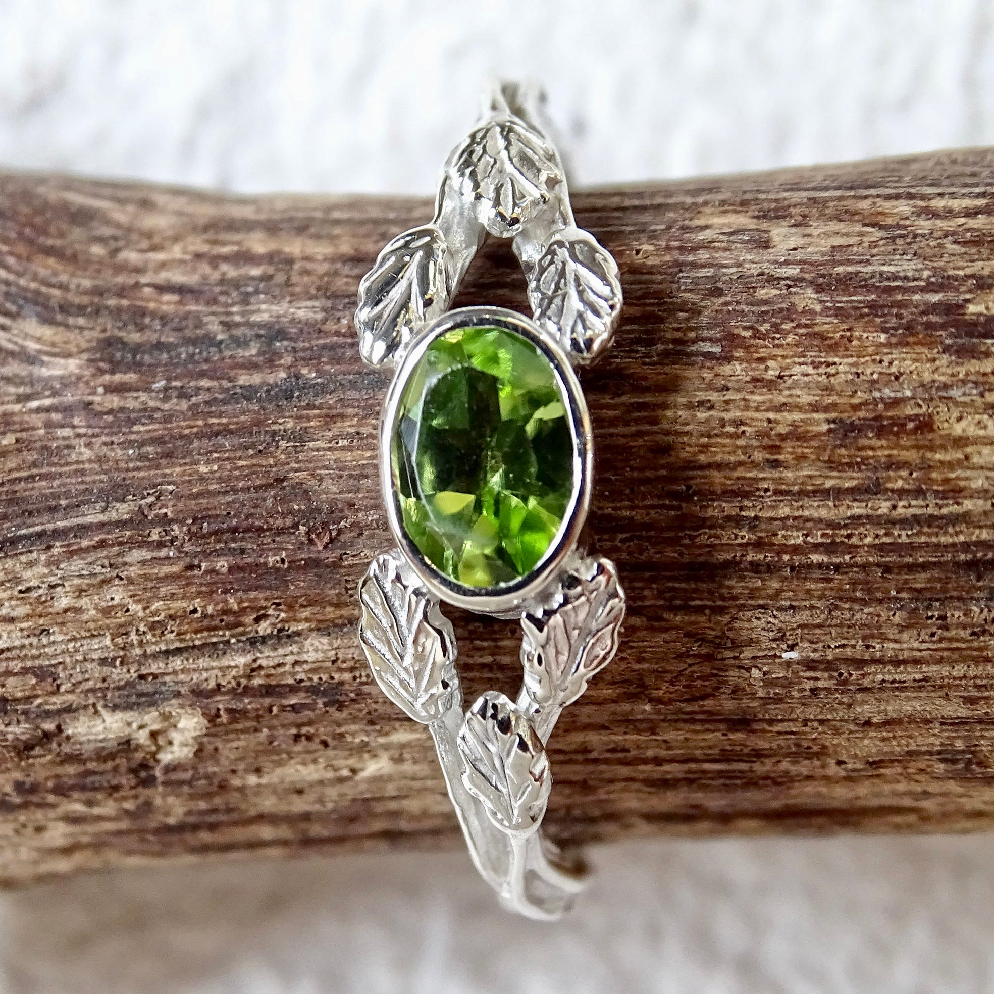 Entwining Leaves Ring, 6mm x 4mm Peridot, Silver