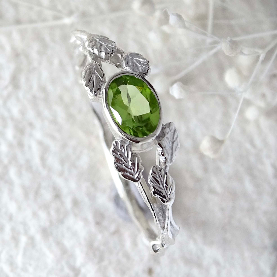 Entwining Leaves Ring, 6mm x 4mm Peridot, Silver