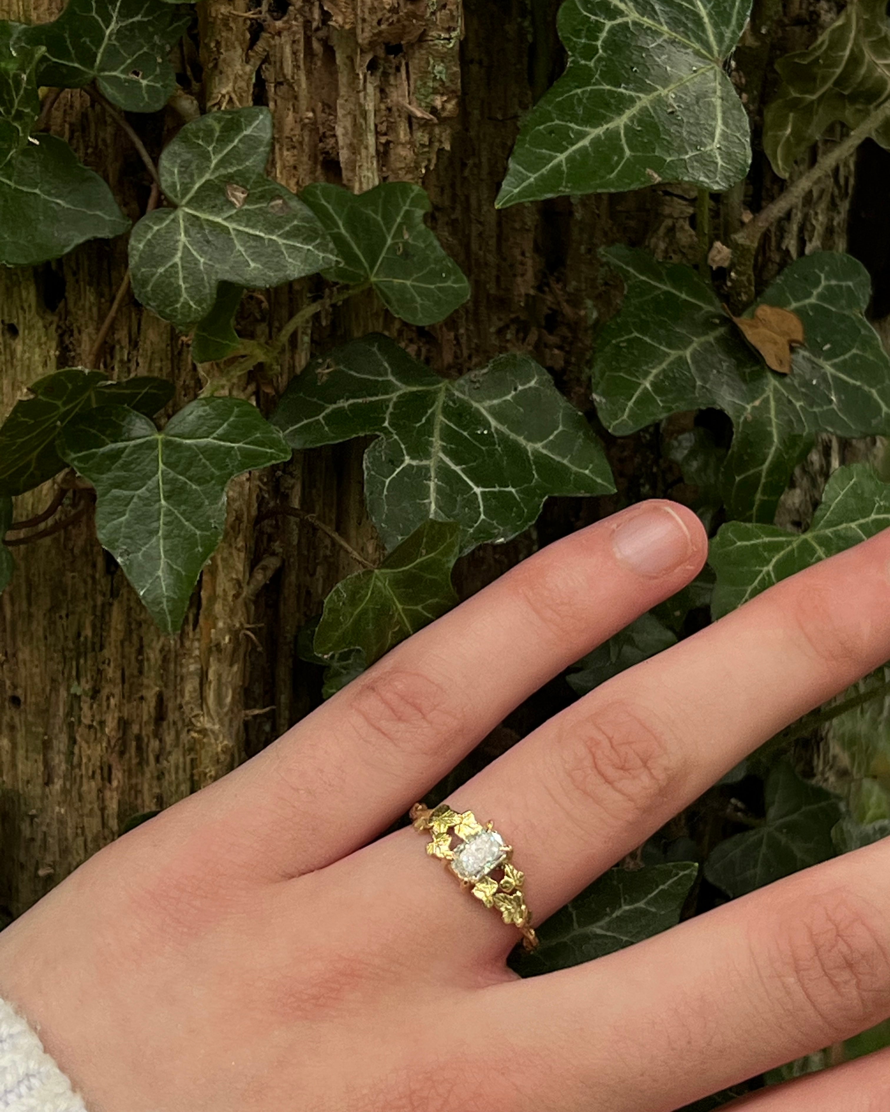 Entwining Ivy Leaves ring, 18ct gold, 6mm x 4mm lab grown cushion Diamond
