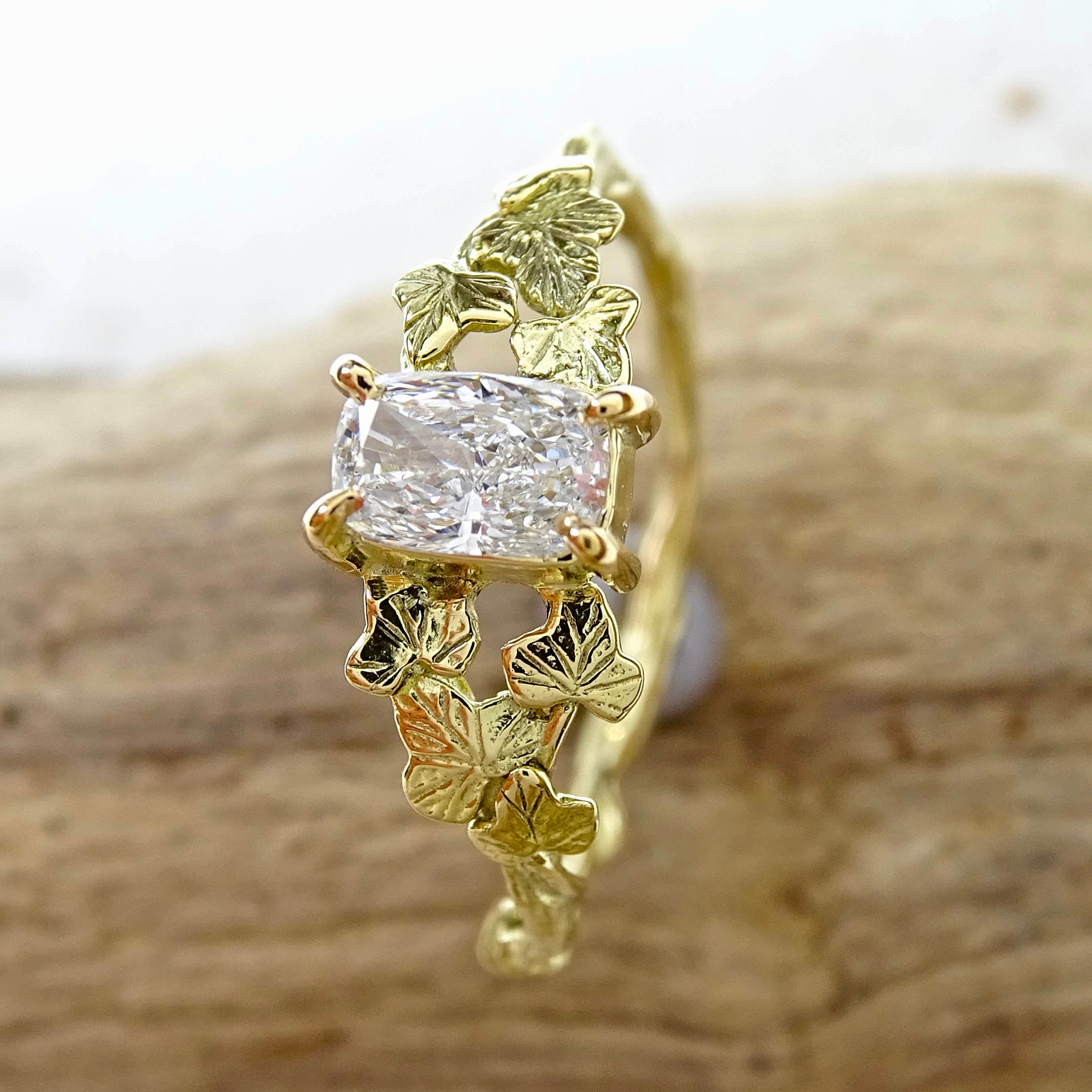 Entwining Ivy Leaves ring, 18ct gold, 6mm x 4mm lab grown cushion Diamond