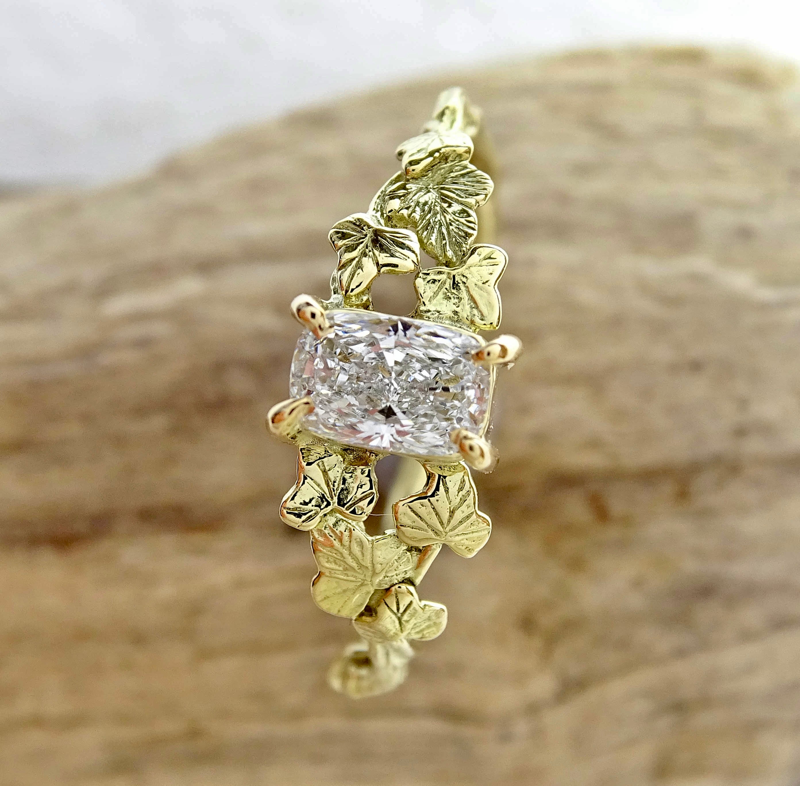Entwining Ivy Leaves ring, 18ct gold, 6mm x 4mm lab grown cushion Diamond