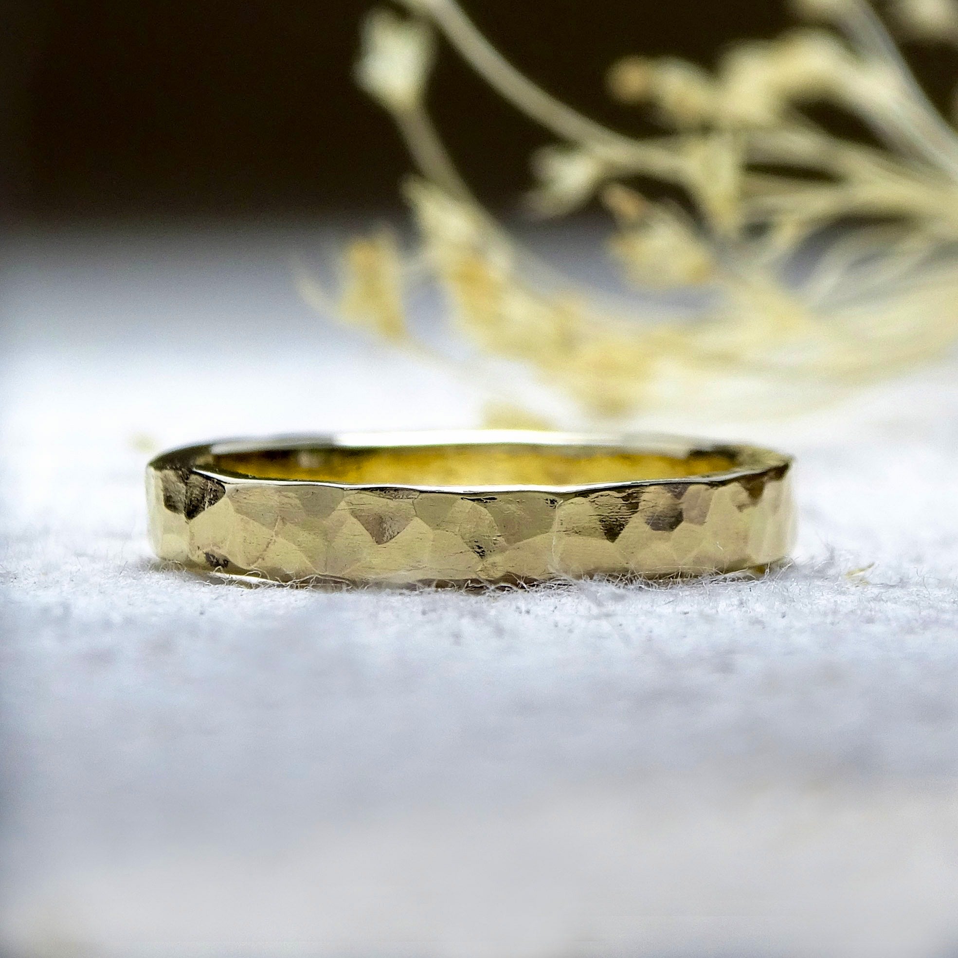 Hammered ring, 3mm x 2mm profile, 9ct gold