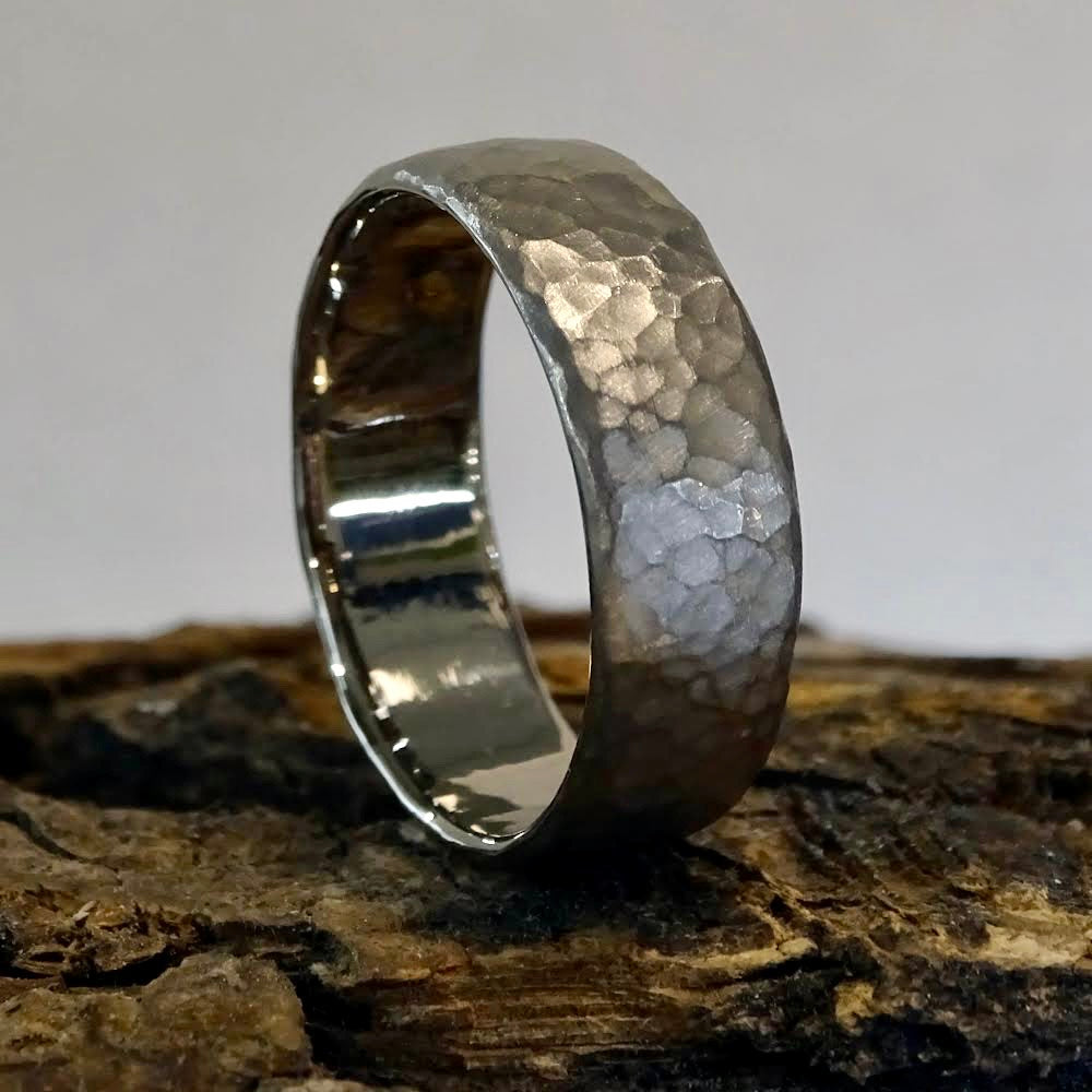 Hammered ring, 6mm x 2mm oval profile, 18ct Palladium rich 18ct white gold