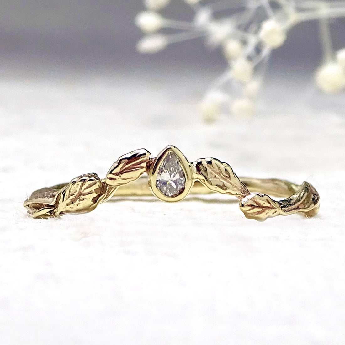 Forest Leaves ring, with a pear 3mm x 2mm Diamond, 9ct yellow gold