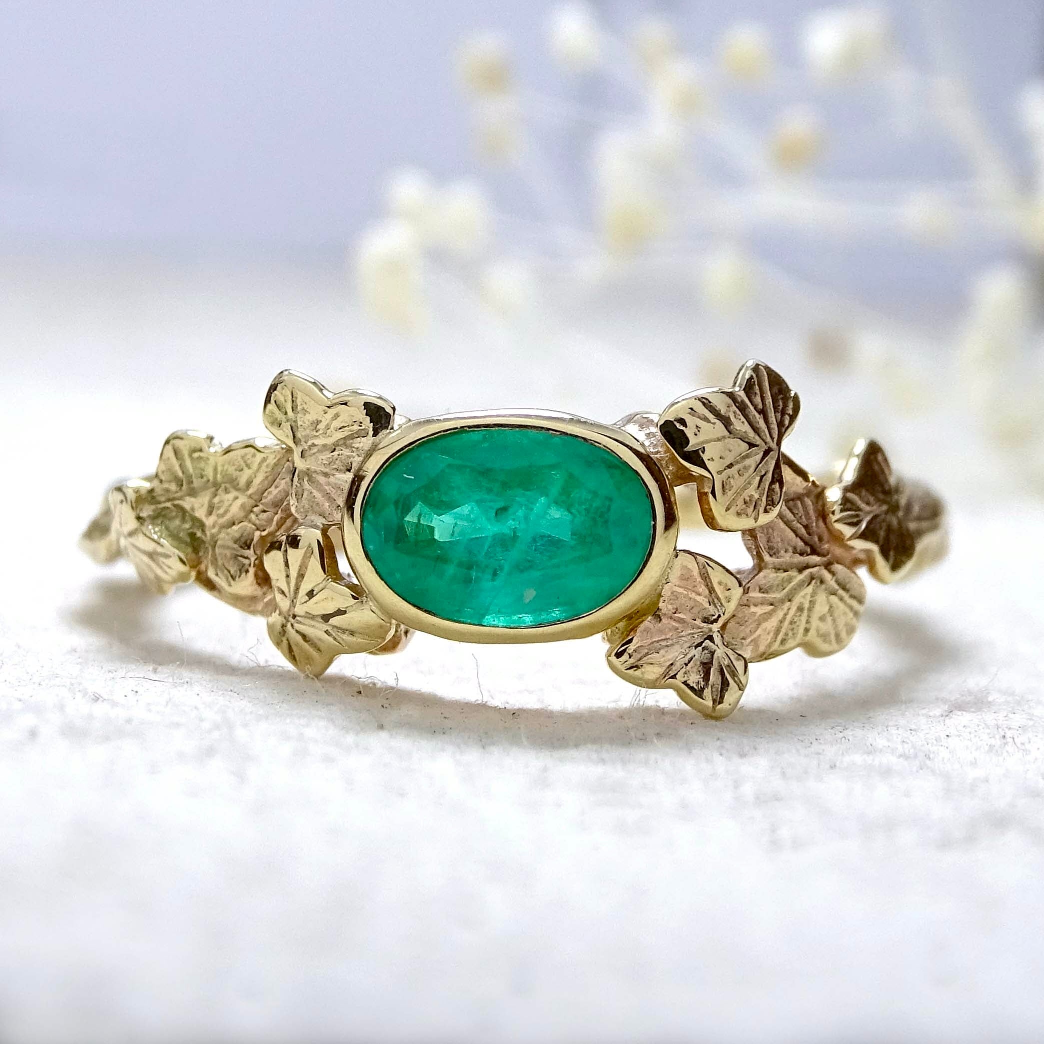 Entwining Ivy Leaves ring, 6mm x 4mm Emerald, 9ct yellow gold