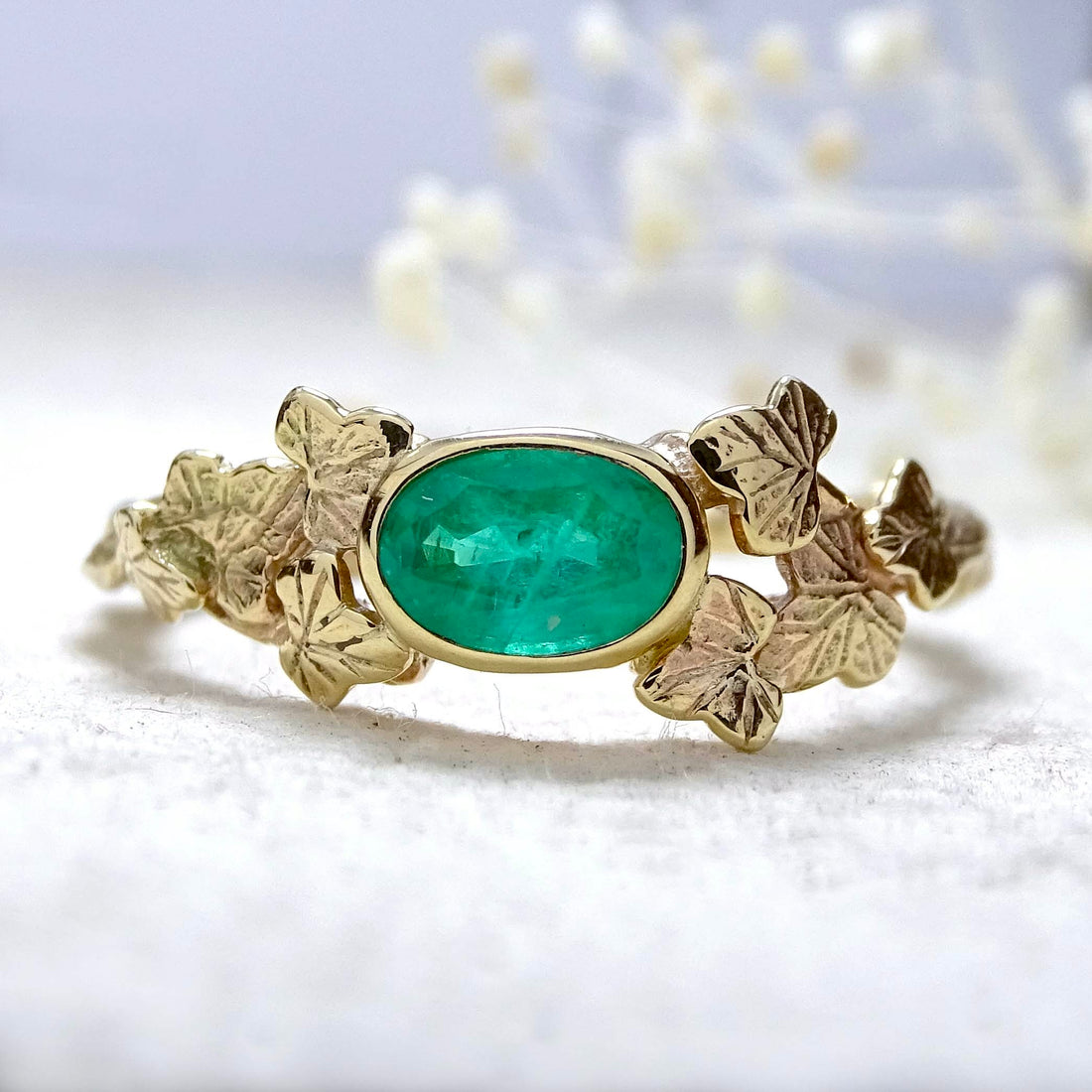 Entwining Ivy Leaves ring, 6mm x 4mm Emerald, 9ct yellow gold