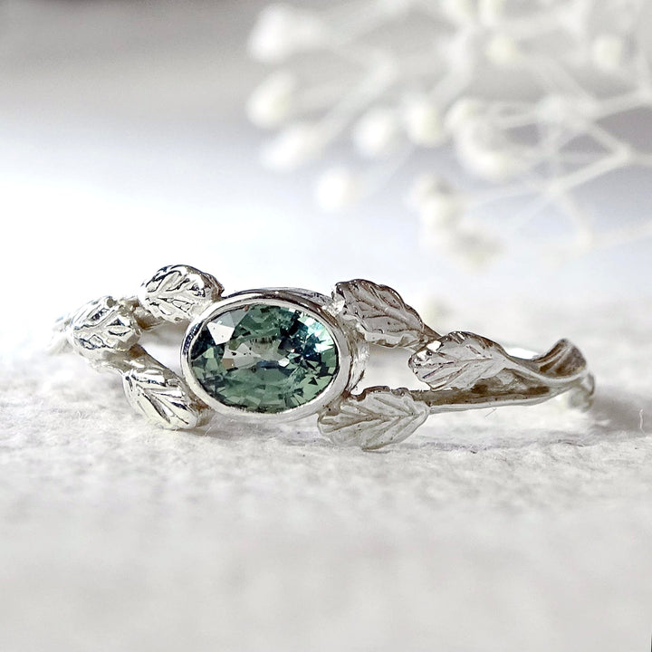 Entwining Leaves ring, 9ct white gold, 6mm x 4mm Green Sapphire