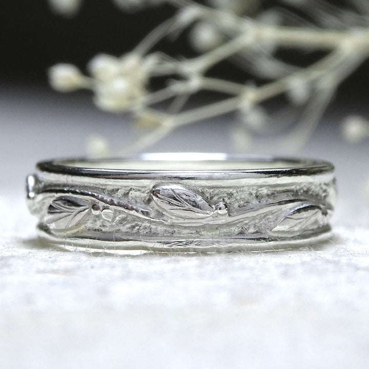 Narrow Etwining Leaves Eternity ring, raised edges, sterling silver