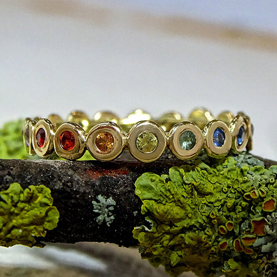 Stepping Stones ring, Rainbow Sapphires