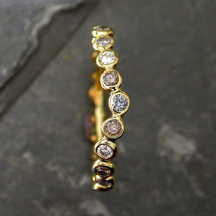 Stepping Stones narrow Eternity ring, Salt and Pepper, Brown and Brilliant Diamonds, 18ct gold