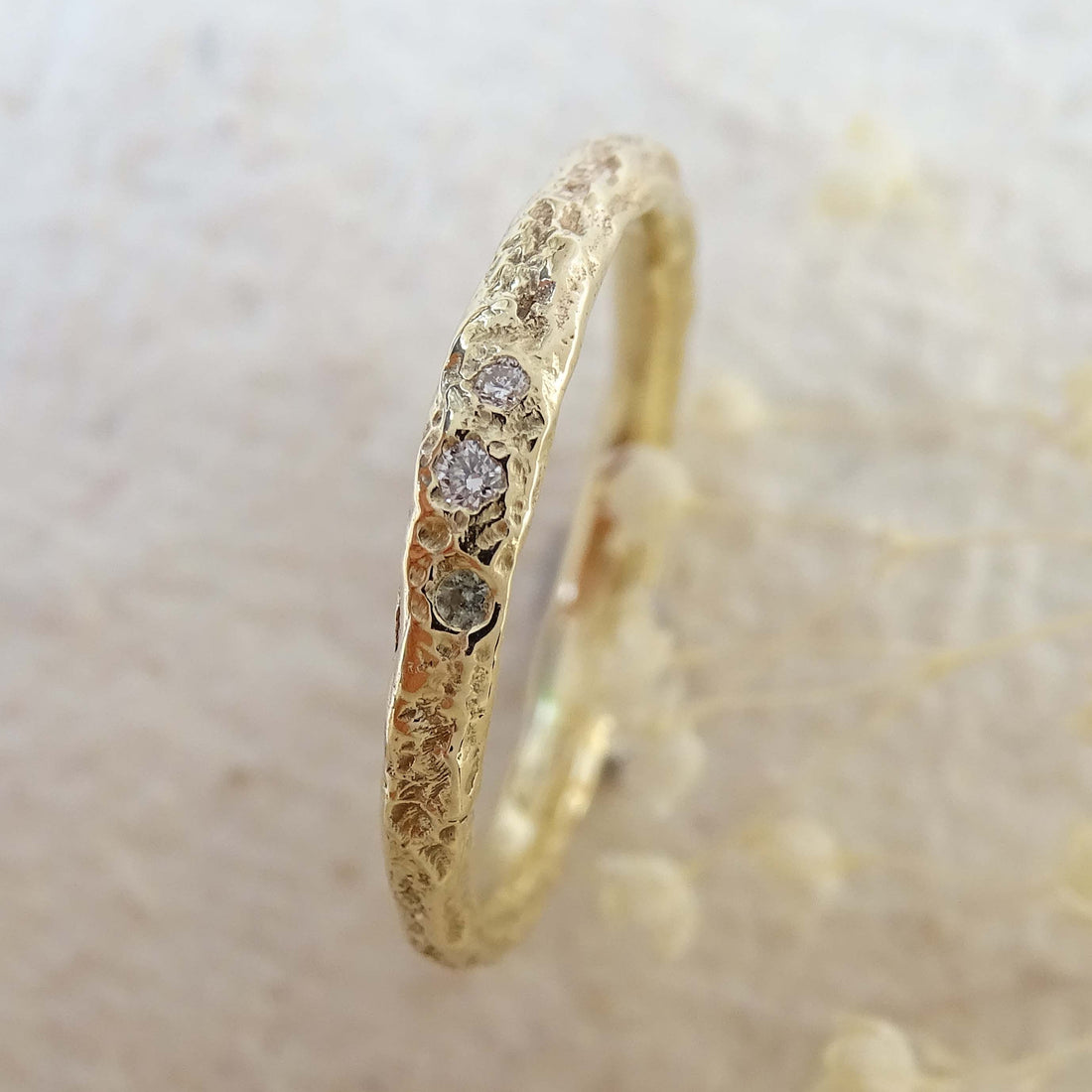 Teeny Weeny 2mm Bark ring, 9ct yellow gold, raw set Diamonds and Green Sapphire