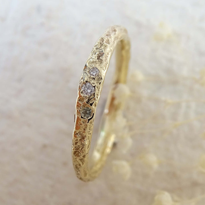 Teeny Weeny 2mm Bark ring, 9ct yellow gold, raw set Diamonds and Green Sapphire