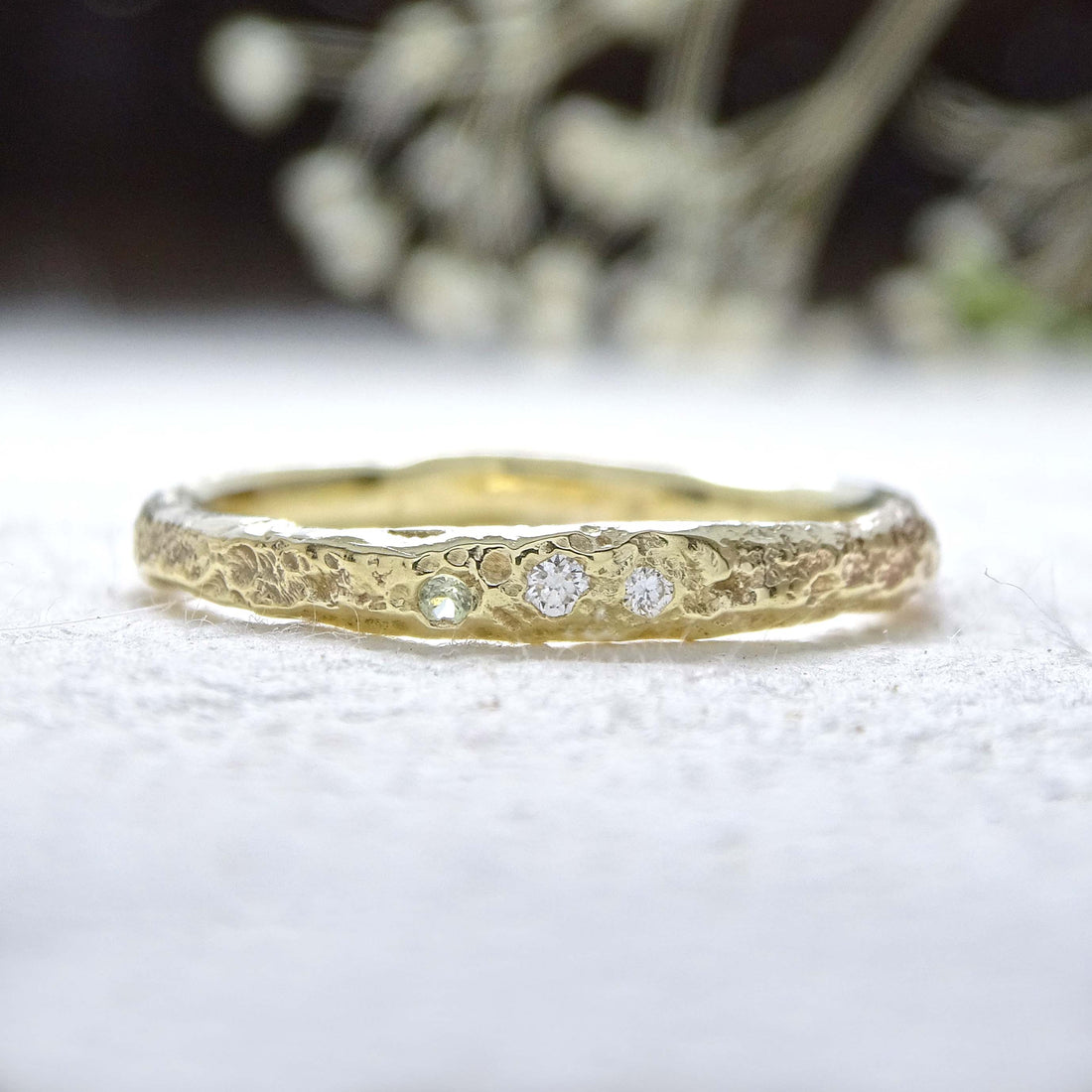 Teeny Weeny 2mm Bark ring, 9ct yellow gold, raw set Diamonds and Green Sapphire