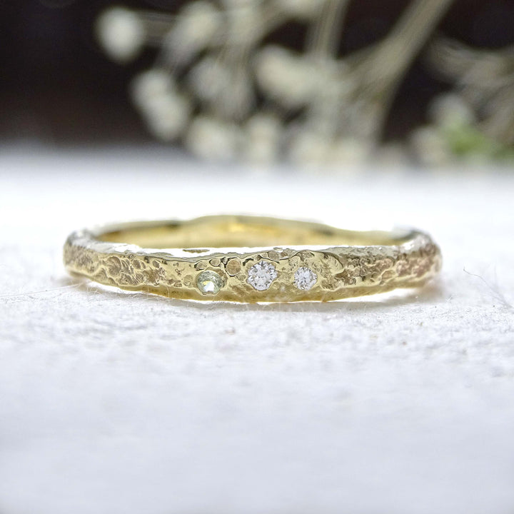 Teeny Weeny 2mm Bark ring, 9ct yellow gold, raw set Diamonds and Green Sapphire