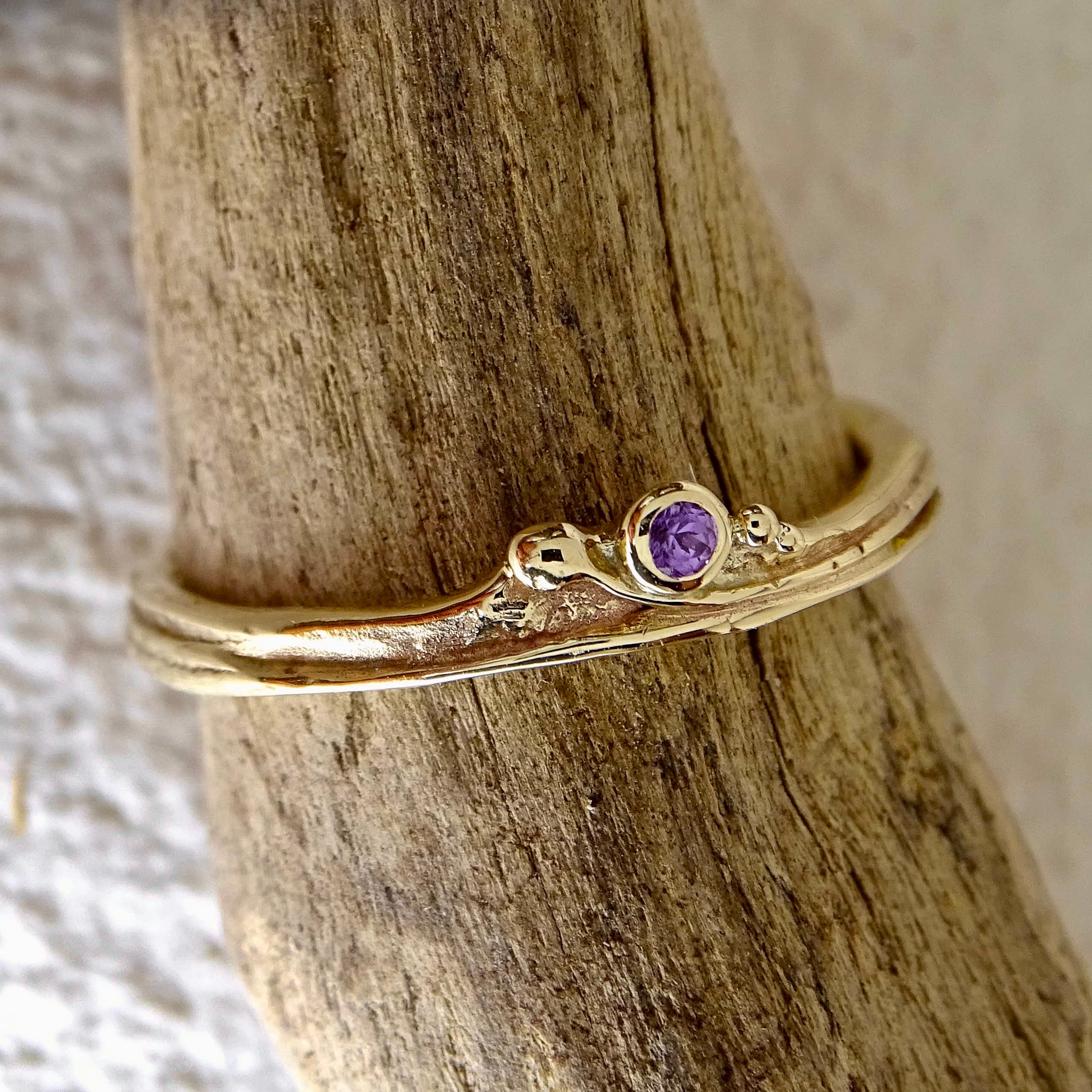 Teeny Weeny Tendril ring, 9ct yellow gold, 1.80mm Purple Sapphire