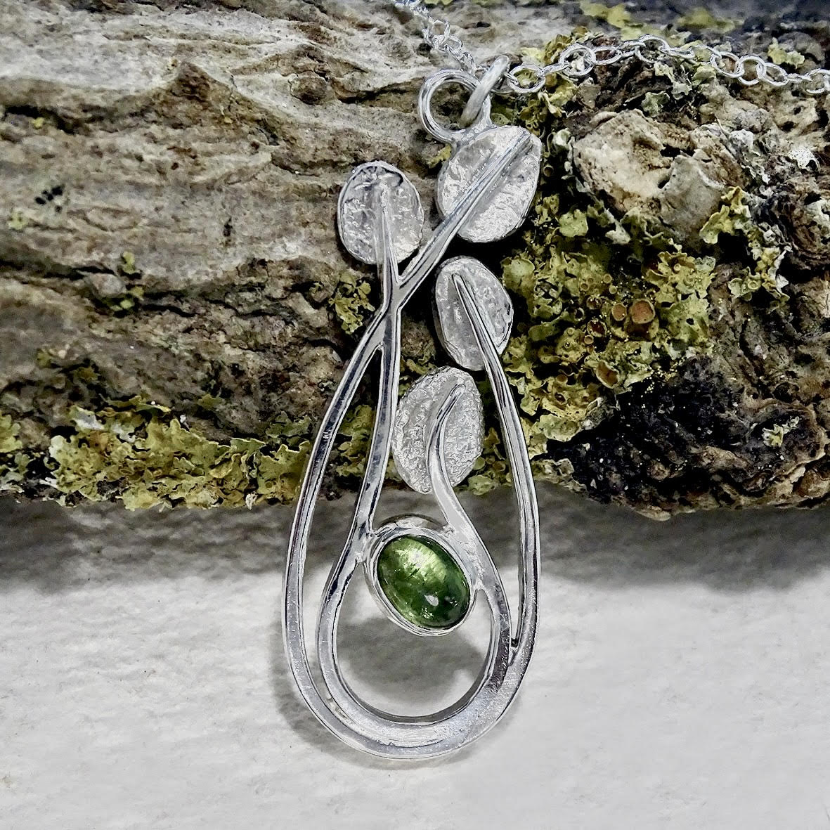 Wild Wood Entwining Leaves pendant, with Green Tourmaline