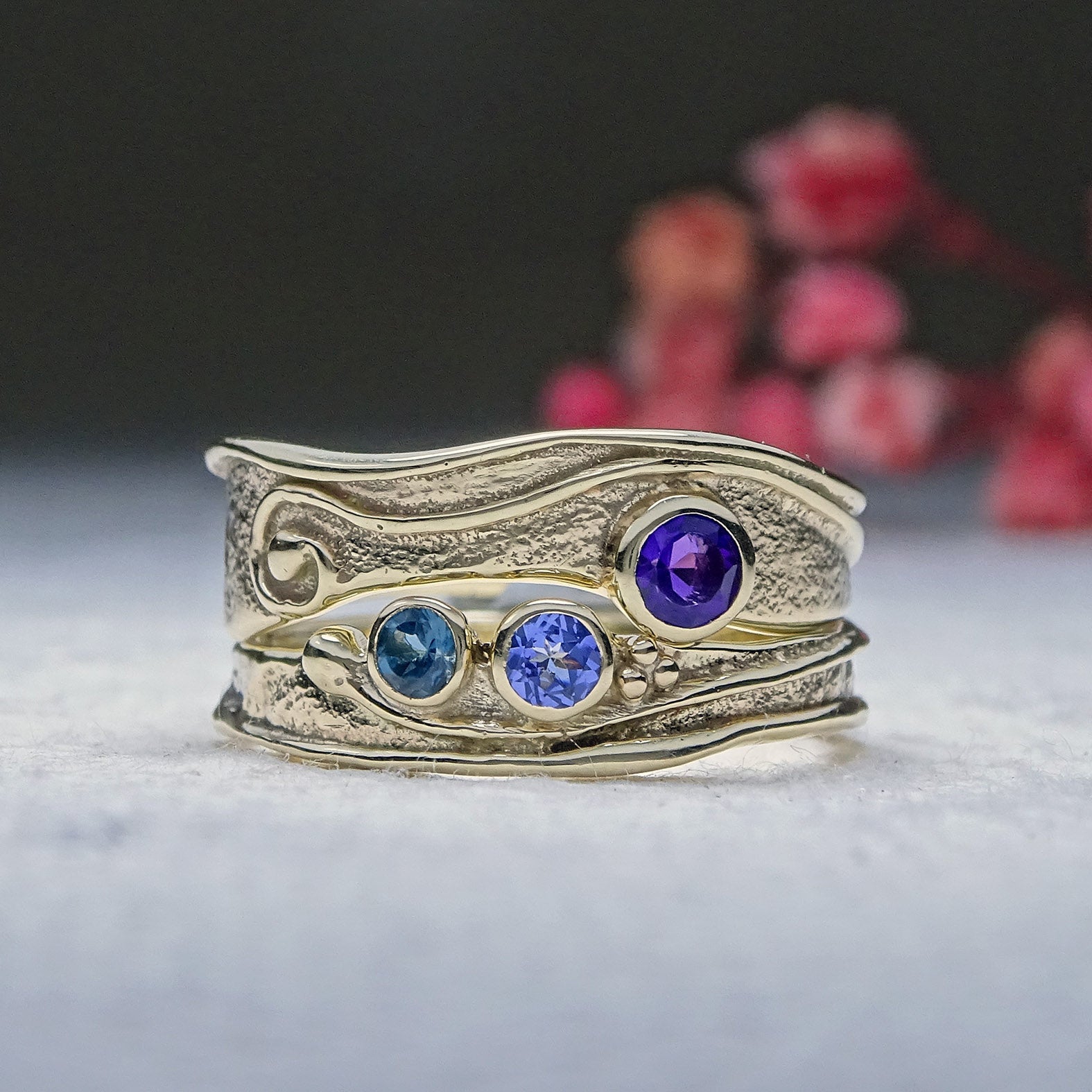 Wild Wood Narrow Tendril and Spiral ring set, Amethyst, Tanzanite and London Blue Topaz, 9ct gold
