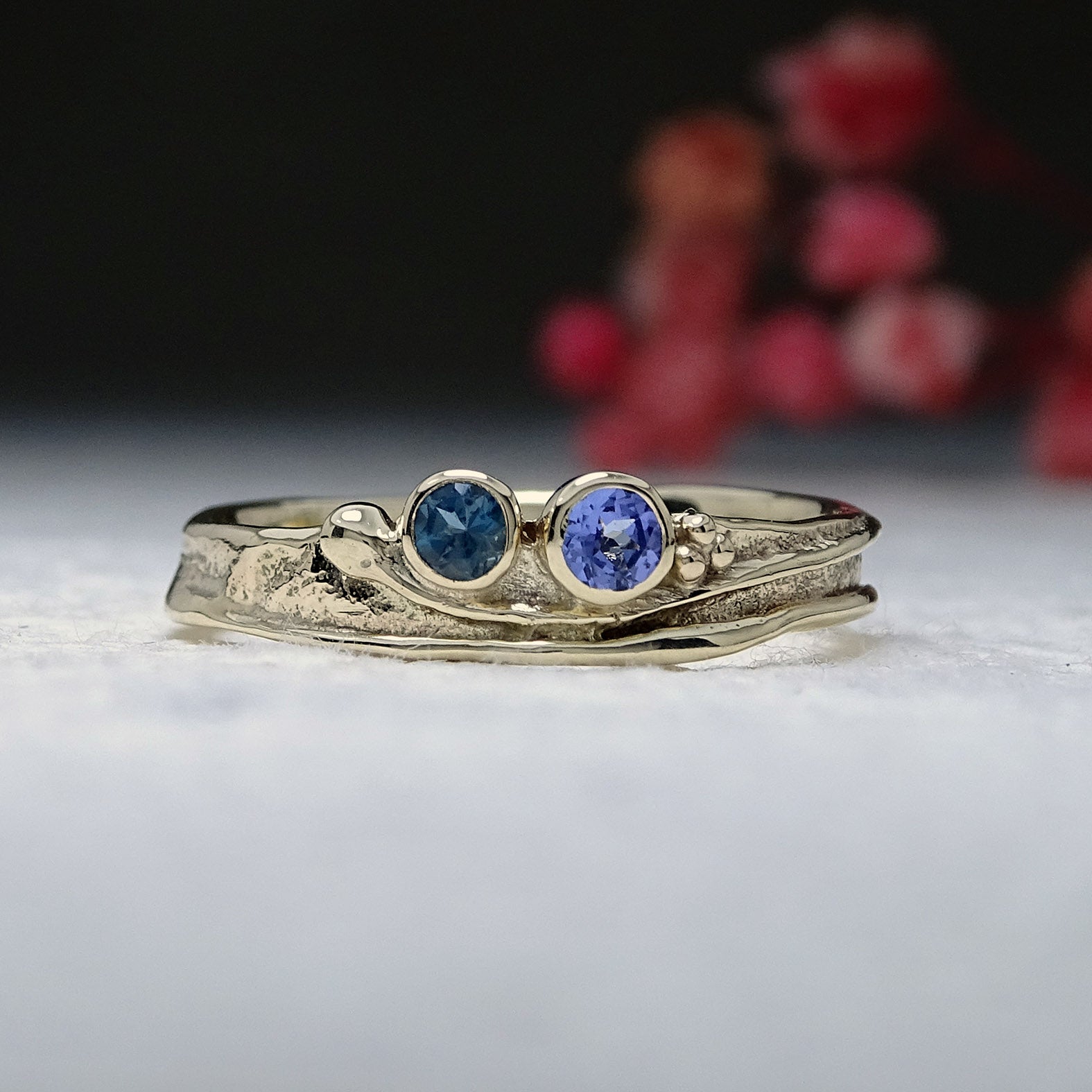 Wild Wood Narrow Tendril and Spiral ring set, Amethyst, Tanzanite and London Blue Topaz, 9ct gold