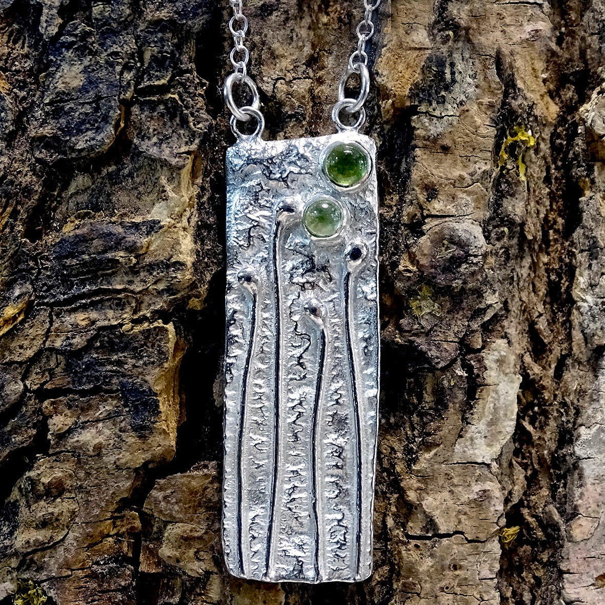 Wild Wood Tendril pendant, Green Tourmaline and Peridot