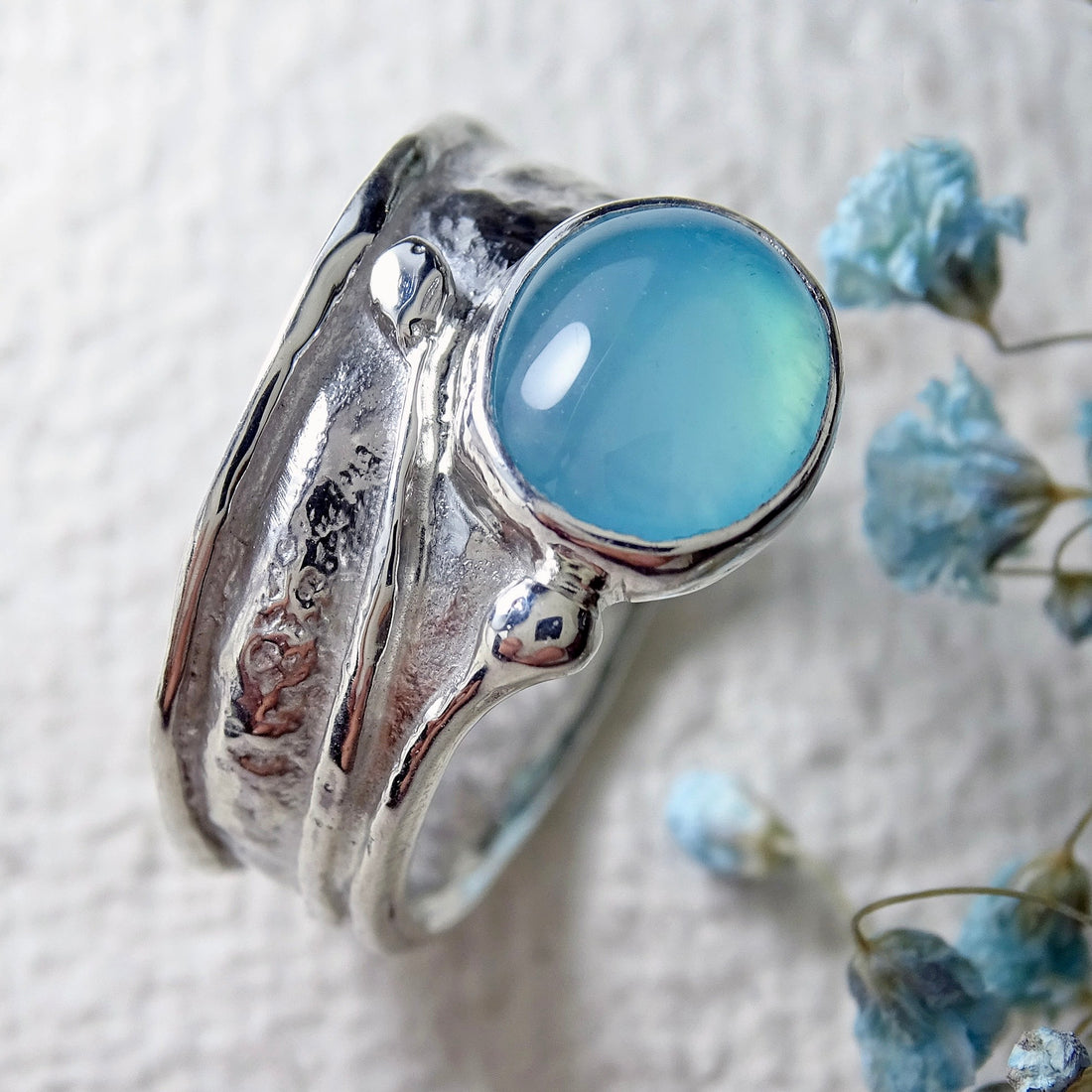 Wild Wood wide Tendril ring, Sea Blue Chalcedony ring